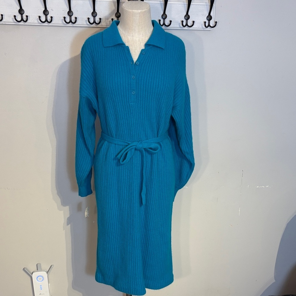 vintage Vibrant Teal Ribbed Knit Dress with Belt NWT size L